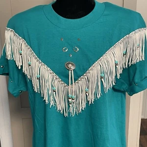 Top donna western Nocciola nuovo senza etichette vintage camicia grande frange cowgirl teal SS - Foto 1 di 16