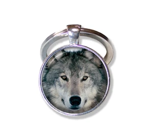 Gray Wolf Face Wilderness Design Wildlife - Handmade Glass Pendant KEY RING - Picture 1 of 7