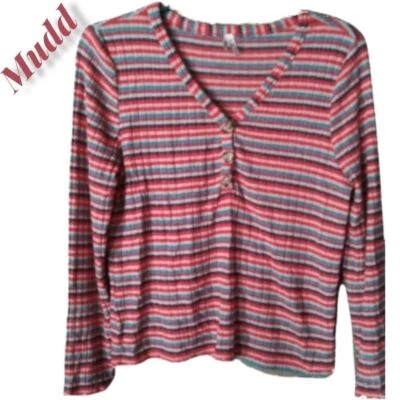 Mudd Colorful Striped 3 Button V-neck Long Sleeve Shirt Soft Knit Top - Image 1 of 4