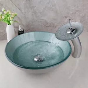 Bathroom Vessel Sink Tempered Glass Faucet Round Waterfall Spout Mixer Tap Set - Picture 1 of 8