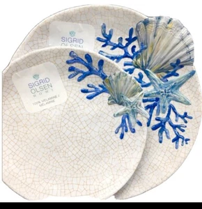 2 Piece Sigrid Olsen Seashell Melamine 1 Dinner 1 Salad Plate Set Beach Starfish - Picture 1 of 4