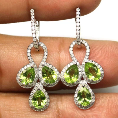 925 Sterling Silver Green Peridot & Zircon Earrings White Gold Plated Christmas - Image 1 of 4