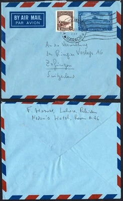 1952 Pakistan airmail Karachi, Switzerland 4a+10a scenic pair clean cover - Image 1 of 3