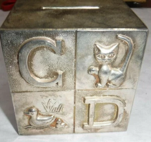 CHILDRENS MONEY CHANGE COIN PIGGY BANK SILVERPLATED CAT BEAR DUCK HORSE ABC O513 - Picture 1 of 6