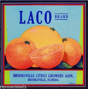 Impresión artística de etiqueta de caja de cítricos naranja Brooksville Florida Laco - Imagen 1 de 1