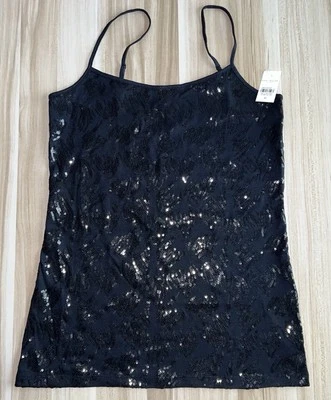 Camiseta sin mangas Ann Taylor Factory mediana negra lentejuelas correa de espagueti elástica Foto 1 de 4