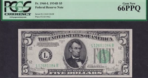 $5 1934D San Francisco Federal Reserve Note Fr.1960-L - PCGS MS66 PPQ - Picture 1 of 2
