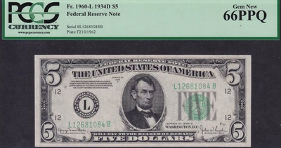 $5 1934D San Francisco Federal Reserve Note Fr.1960-L - PCGS MS66 PPQ - Image 1 of 2