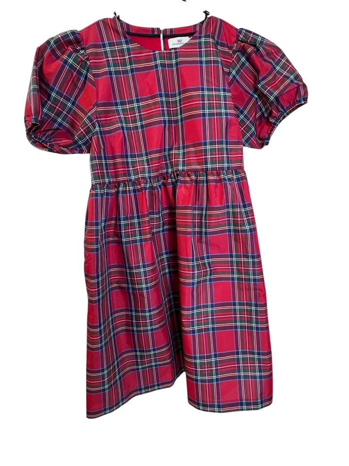 Vestido Vineyard Vines Youth Girl XL extra grande vermelho xadrez manga folhada férias - Imagem 1 de 4