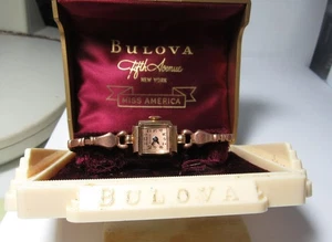 LADIES 14K ROSE GOLD FILLED BULOVA WRIST WATCH WITH DECO BOX / RUNS - Picture 1 of 4