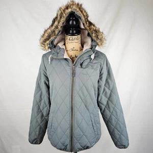 Eddie Bauer Women's Quilted Jacket Faux Fur Hooded Coat Warm Gray Size M - Picture 1 of 15