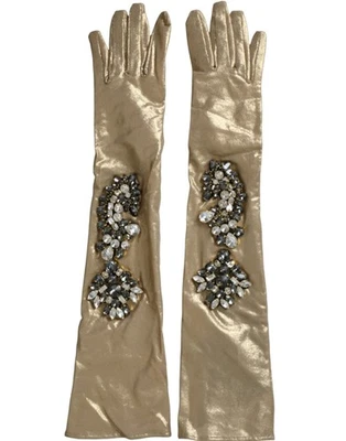 Dolce & Gabbana Beige Satin Crystal Elbow Length Women's Gloves Authentic - Image 1 of 4