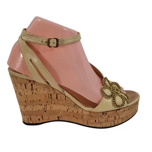 Chloe Platform Sandals Leather Cork Wedge Heels Sling Back Tan Womens Size 38.5 - Picture 1 of 12