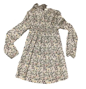 Mabo Beige Mini Flowers Long Sleeve Cotton Dress With Waist Ruching Girls 12/13 - Picture 1 of 5