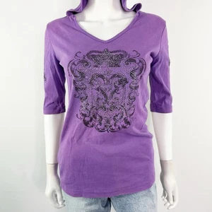 Vintage Sledge USA lila Strass T-Shirt Top Gr. L Y2K 3/4 Arm 90er Goth - Bild 1 von 12