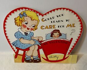 VTG DieCut Valentine Card Pretty Girl Doll Cradle Could You Learn to Care For Me
