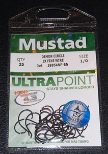25 Mustad 39954NPBN-10 Ultra Point Demon Perfect Circle Hooks Size 1/0 - Picture 1 of 2