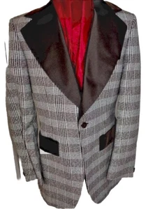 VINTAGE Tuxedo Jacket AFTER SIX BROWN PLAID VELVET SATIN LAPELS 1970's 35R - Picture 1 of 12