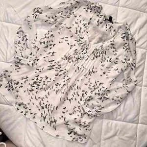 A Pea in the Pod Sheer Bird Print V-Neck Flowy Chiffon Long Sleeve Blouse - Picture 1 of 7