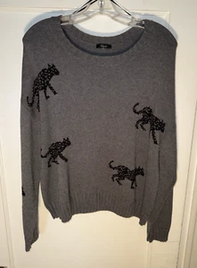 Rails Perci Sweater Gray Jungle Cat Cotton Cashmere Cheetah Leopard Animal Sz L - Picture 1 of 13