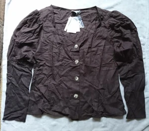 Asos Brown Linen Button Up Shirt With Puff Sleeve Detail Size 18 NEW With Tags - Picture 1 of 6