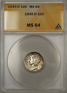 1945-D Silver Mercury Dime 10C ANACS MS-64 (Full Split Bands Light Toning 11) - Picture 1 of 1