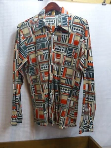Vtg 70s Disco Shirt JC Penney Geometric Dagger Collar Polyester Men's Lg - Picture 1 of 7
