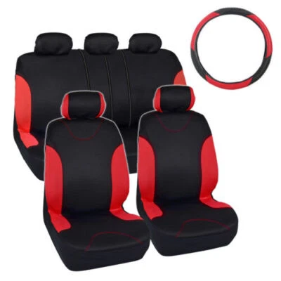 Juego de funda de asiento de coche de banco dividido y cubierta de volante de cuero PU-10 PIEZAS rojo/negro Foto 1 de 4