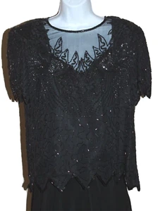 Vintage 1970-80er Gr. PM Denise Elle Seide schwarz Pailletten Perlen Zick Zack Saum Bluse - Bild 1 von 12