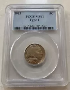 Moneta primo anno 1913 tipo 1 bufalo nichel PCGS MS61 BU brillante, bella moneta - Foto 1 di 5