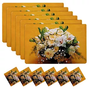 Flower Printed PVC Stain Resistant 6 Pcs Placemats with 6 Pcs Tea Coasters Set - Picture 1 of 5