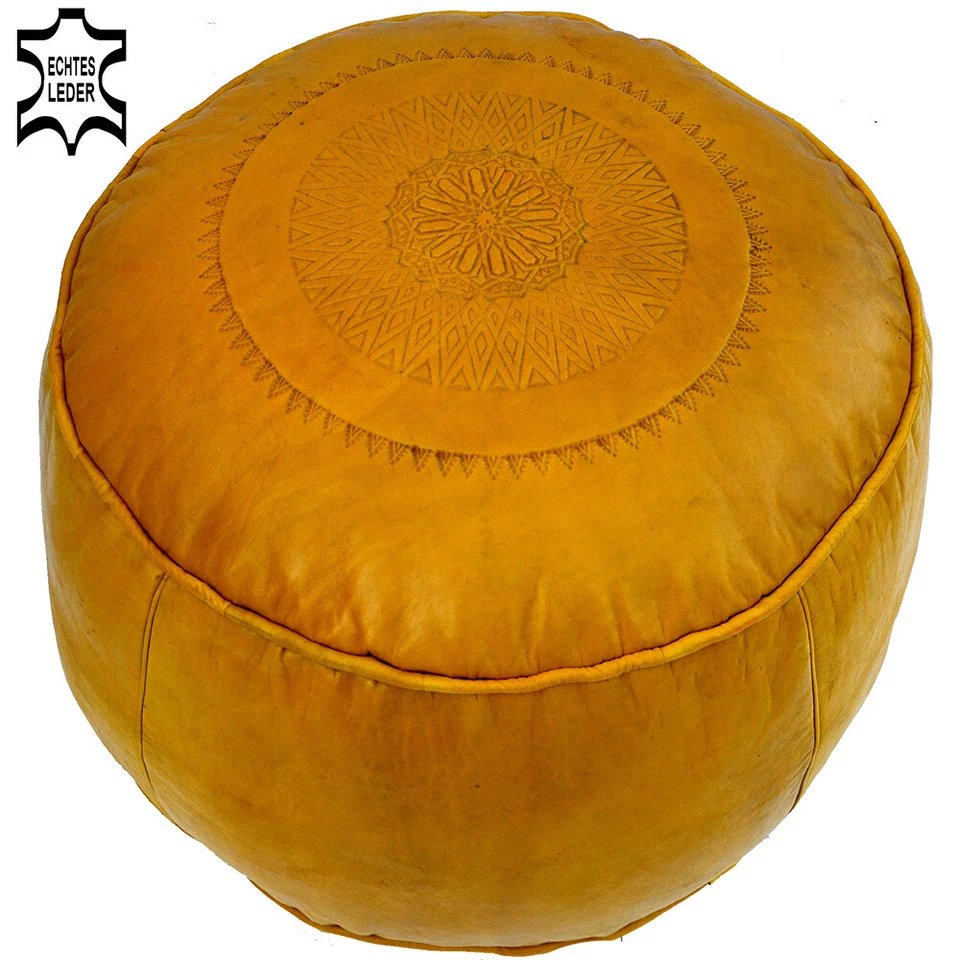 Marokkanisches Arabisches Leder Sitzkissen Handarbeit Pouf Ottoman Orient Gelb - Bild 1 von 1