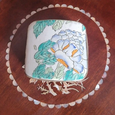 Antique Chinese Shard Box w/purple & orange flower ceramic lid, Silver plate box - Image 1 of 4