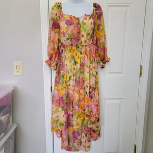Fig And Flower Anthropologie Hi Low Chiffon Aquarell Blumen Kleid Größe L - Bild 1 von 15