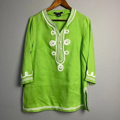 Top túnica de lino Etcetera para mujer verde lima blanco asiático fluido adornado talla 6 Foto 1 de 4