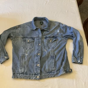 Wild Fable Denim Blue Jean Trucker Jacket ~ Women’s Large ~ Distressed ~ Lt Wash - Bild 1 von 12