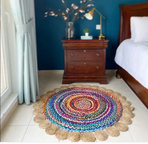 Teppich Jute & Baumwolle Handarbeit Wendeteppich Rund Bunt Boho Bohemian... - Picture 1 of 6