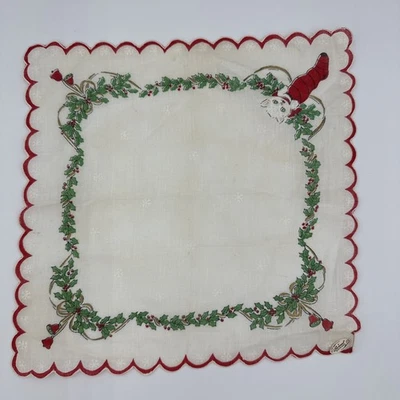 Vintage Burmel Original Christmas Kitty Handkerchief Scalloped 9x9 - Image 1 of 4