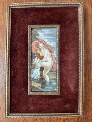 Antigua pintura acuarela miniatura enmarcada baño desnudo firmada Scholt Foto 1 de 4