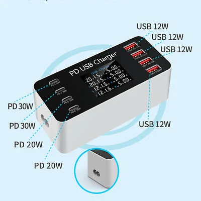 65W 8-Port USB Ladestation Multi Port USB Hub Ladegerät LCD Display QC3.0 - Bild 1 von 4