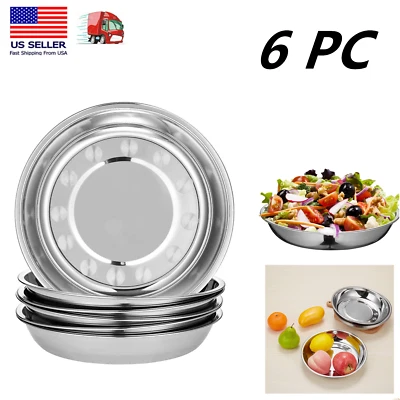 6 Pack Unbreakable Stainless Steel Plates 7" Dinner Plate Dish Camping Picnic - Image 1 of 4