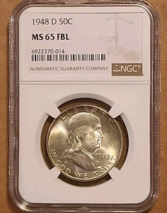 VINTAGE 1948-D FRANKLIN HALF DOLLAR NGC GRADED MS-65 FBL GEM 1ST YEAR 90% KEY - Bild 1 von 3