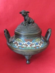 Antique Japanese Bronze Cloisonne Footed Censer Incense Burner With Foo Dog Lid - Picture 1 of 11