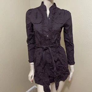 Women’s Brown Cotton Casual Pocket Ruffle Pleated Size S Button Up Shirt Tunic - Picture 1 of 12