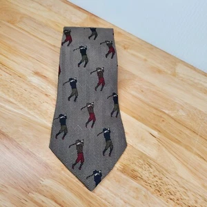 Britches Silk Tie Old Timey Golfers Swinging on Herringbone Pattern Necktie - Picture 1 of 5