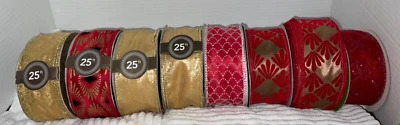 Lot of 8 Martha Stewart Traditions Holiday Ribbon Wired 2.5” Red Gold 175’ - Image 1 of 4
