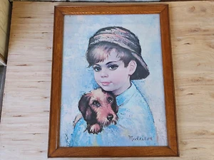 Tom Sawyer Medeiros Big Eyed Boy cane cucciolo stampa incorniciata 16" x 20" incorniciata vintage - Foto 1 di 23