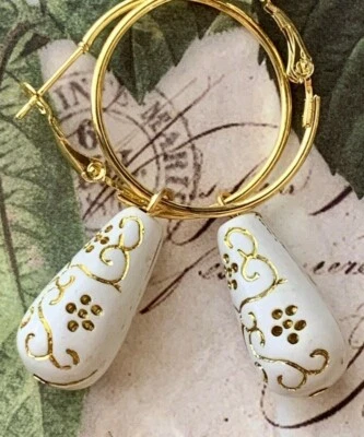 Beautiful Etched Ivory and Gold Tone Vintage Bead Dangle Leverback Hoop Earrings - Image 1 of 2