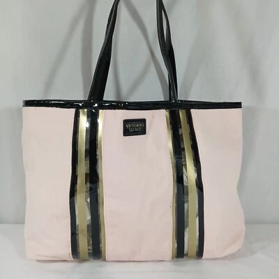 Victoria's Secret Pink Canvas Tote Bag Cotton Gold/Clear Stripe Shoulder Straps - Imagem 1 de 4