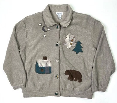 Chaqueta Teddi Mujer’s XL Bordada Pinos Oso Casa Vintage Botón Polar Foto 1 de 4